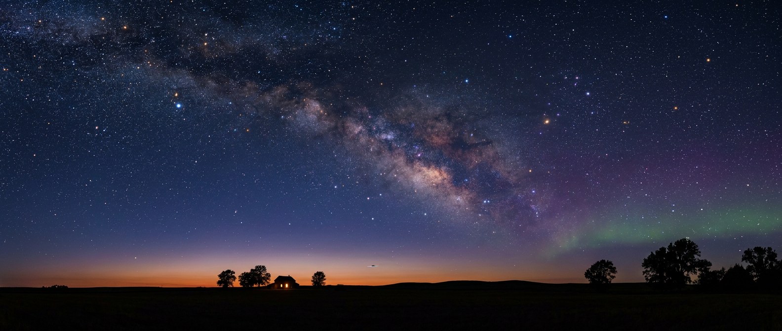 A prairie homestead at dusk beneath the Milky Way